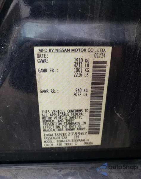 2014 Nissan Altima 2.5 z USA, uszkodzony, nr VIN 1N4AL3AP2EC278967